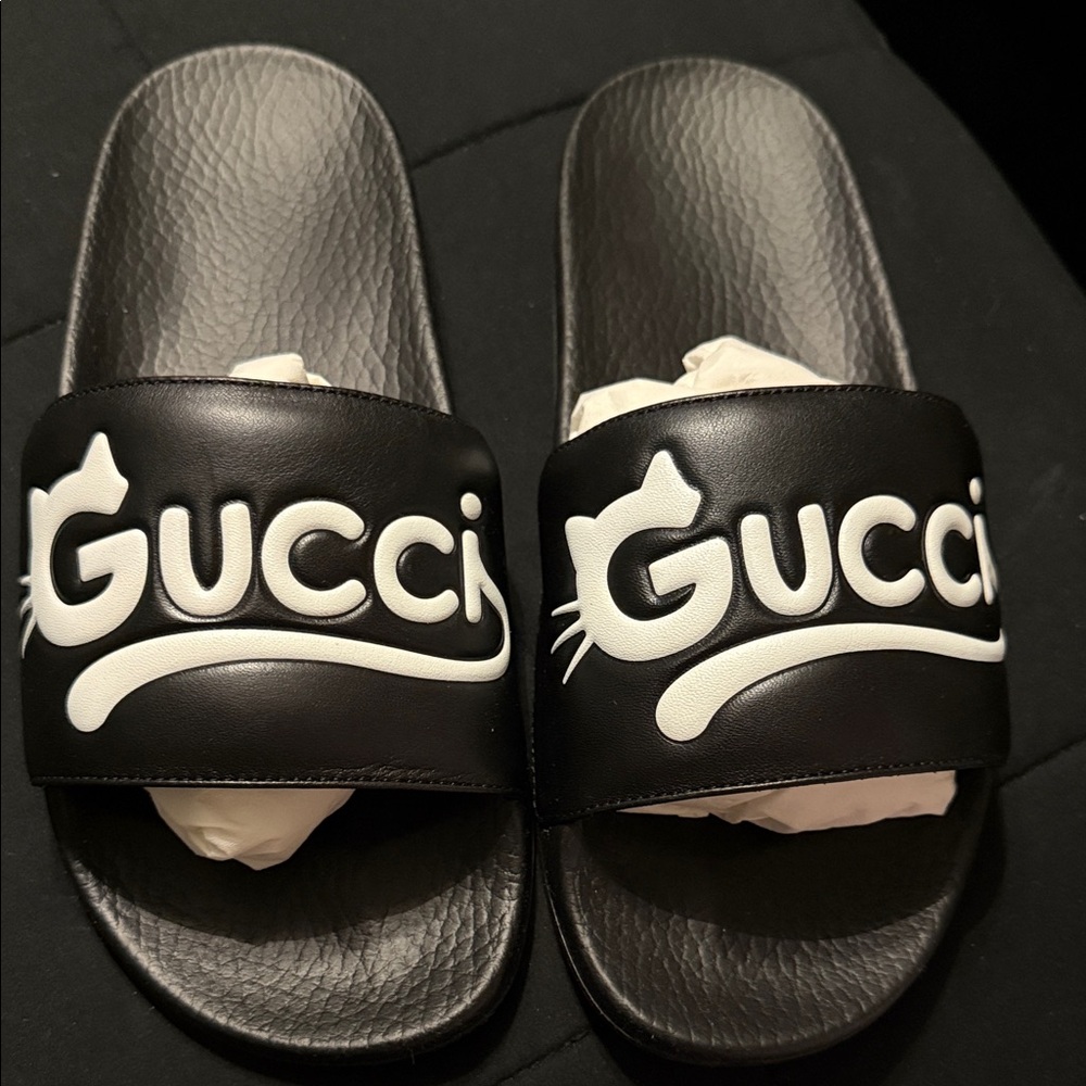 Gucci Black Slides with White Cat Logo